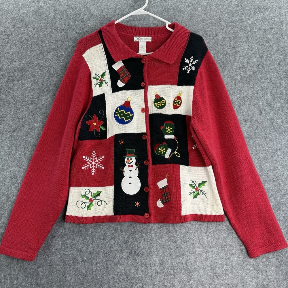 Vintage Dress Barn Christmas Cardigan Sweater Patchwork Button Up‎ Womens Large